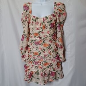 Women's Cream Floral Ruching Long Sleeve Mini Dress. Size M